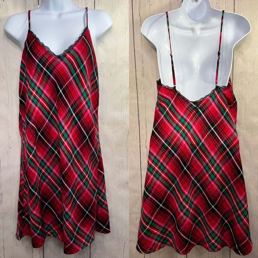 Victorias Secret Plaid Slip Nightgown Red Tartan Lace Trim Cottagecore